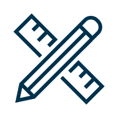 Icon of a crossed pencil and ruler, symbolizing design or creativity. The dark blue lines convey a professional, minimalist tone.