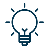 A simple, blue line drawing of a light bulb. The bulb has six small lines suggesting light rays, conveying ideas and innovation.