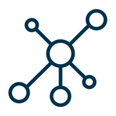 Dark blue network diagram, consisting of a central circle connected to five smaller circles, resembling a molecular structure.